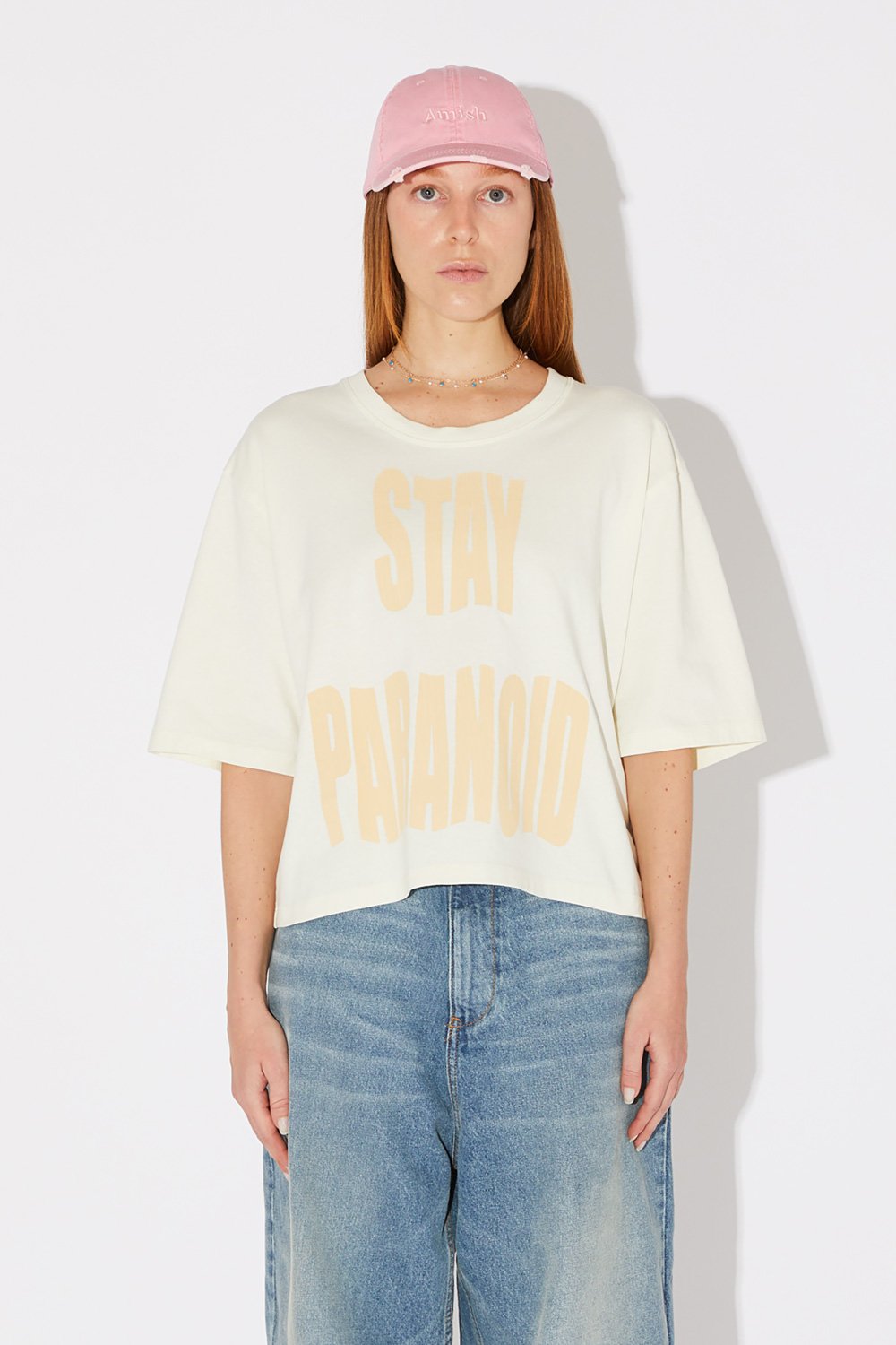 AMISH: CREW NECK T-SHIRT WITH STAY PARANOID PRINT